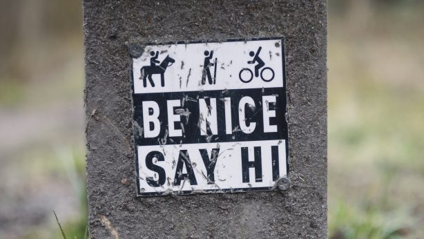 Be Nice Say Hi Sign on the trail